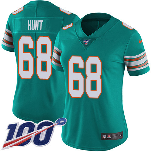 Nike Miami Dolphins #68 Robert Hunt Aqua Green Alternate Women Stitched NFL 100th Season Vapor Untouchable Limited Jersey->women nfl jersey->Women Jersey